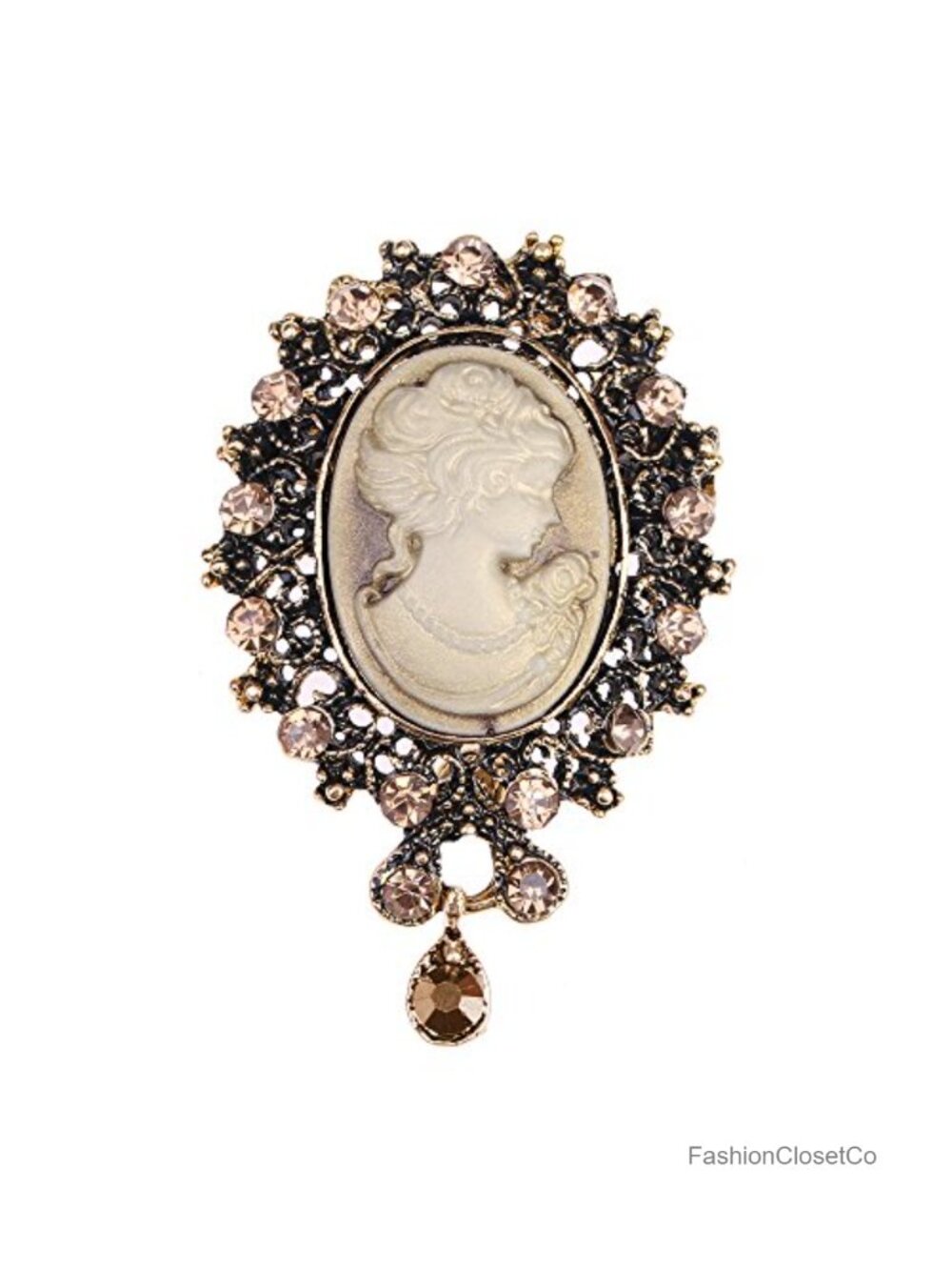 Vintage Cameo Brooch Crystal Rhinestone Pin Elegant Victorian Lady